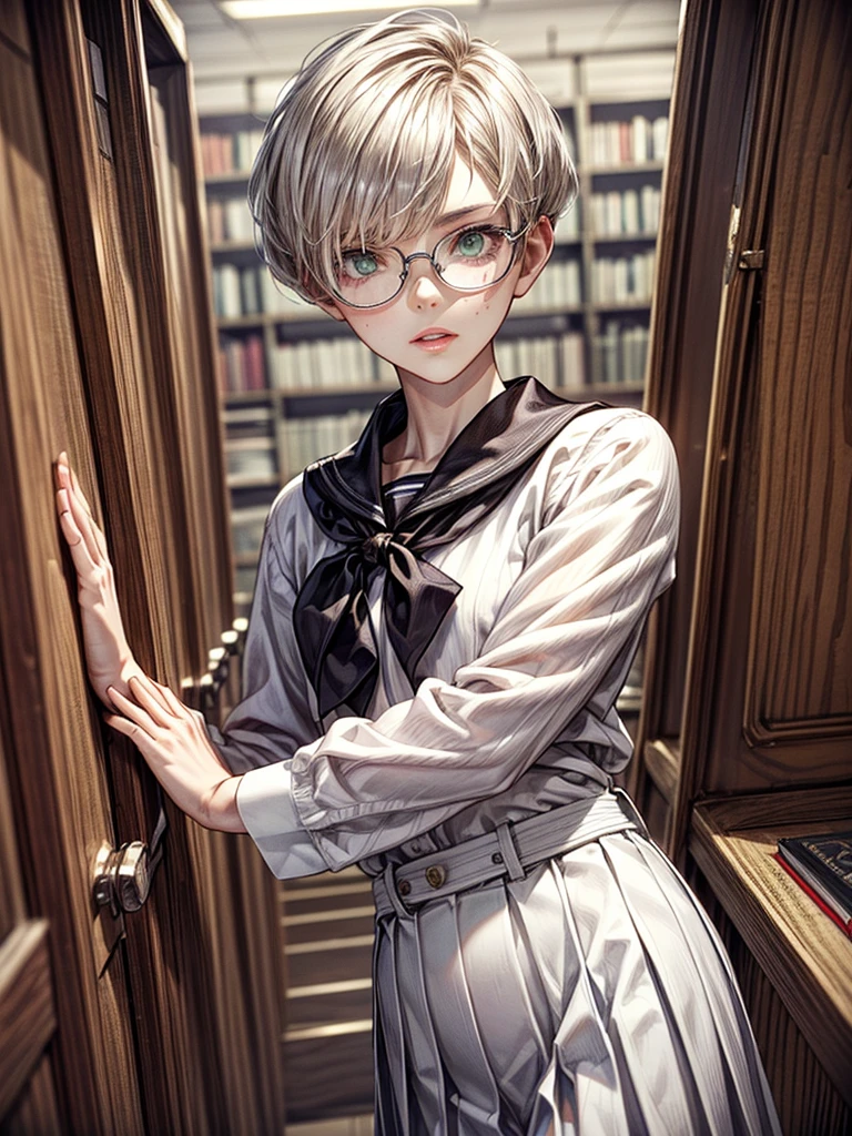 1girl, elegant bearing, small, slender build, short height, narrow shoulders, pale skin dotted by freckles, short platinum blonde hair, (((pixie cut hairstyle))), (((boyish hair))), (dark green eyes), silver glasses, cute facial features with an underlying elegance, thin lips, small breasts,  female, RAW photo, ((slim body: 1)), (HQ skin: 1.4), 8k uhd, dslr, soft light, high quality, ((school uniform, white clothes, gold accents, (looking at viewer:1.4), library
