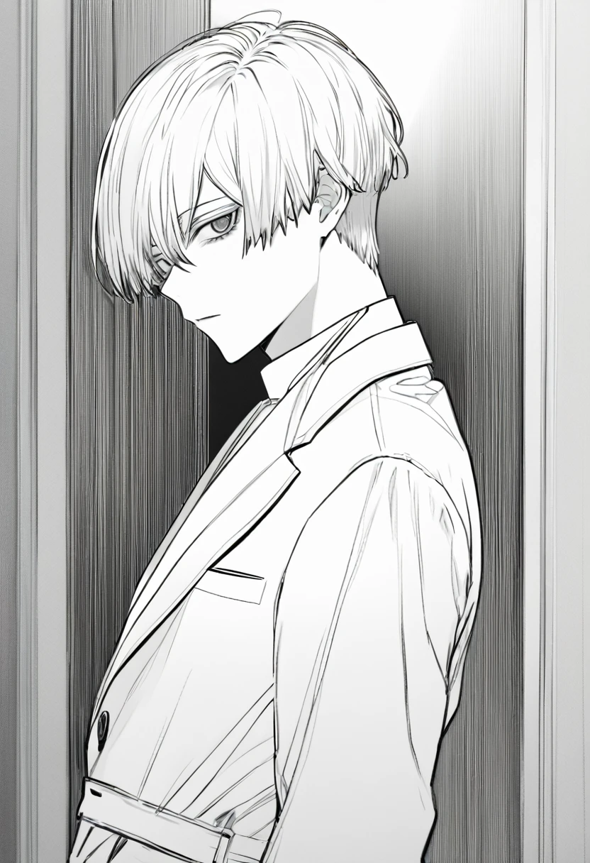 yuto-sano, 1boy, Kaneki, black hair, black suit, white uniform, elegant, monochrome, solo, greyscale, male focus, looking at viewer, ((short hair)), ((slick back)), slick back, hairstyle
