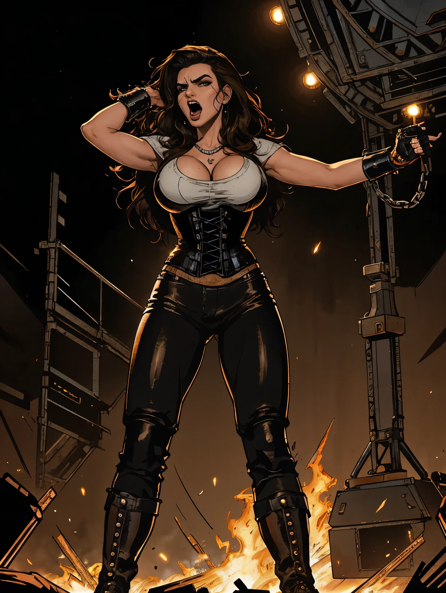Extremely busty thin and toned brunette death metal singer, college girl, fair skin, big hair, hair pulled back, soft face, athletic, heavy makeup, piercings, black leather, studs, corset, boots, fingerless gloves, tight pants, chains. standing on a stage, pyrotechnics, holding a microphone, metal concert. (microphone, fist in the sky), angry, rage, screaming. Heavy metal. Death metal. Explosions, fire.