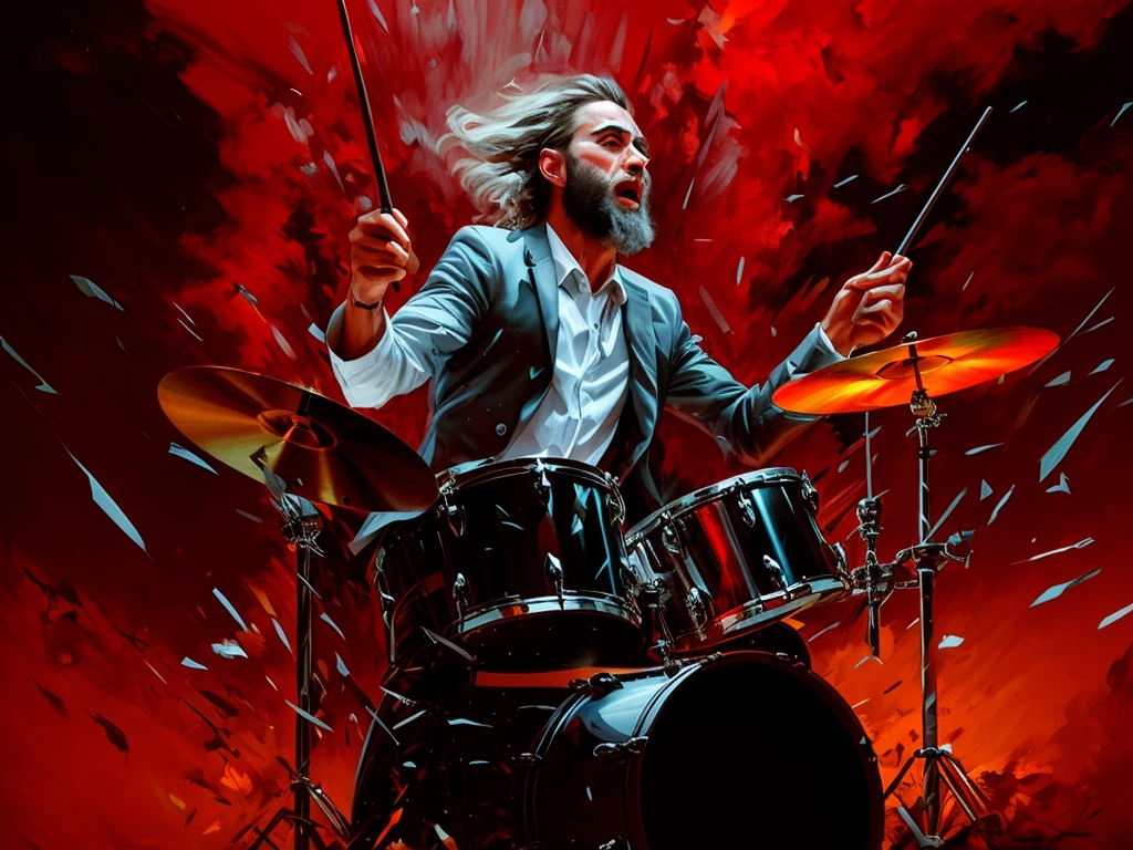 foto de um homem com barba, com ropa de coletores de lixo ,tocando bateria durante uma tempestade, álbum art, Rob Ray, por John Berkey, baterista, extremely high quality peça de arte, rob mcnaughton, James Edmiston, álbum, peça de arte, Drew Tucker, milhas johnstone, Jason Benjamim, balanço, promo art, Trevor Castanho, Dave Arredondo, Félix Englund