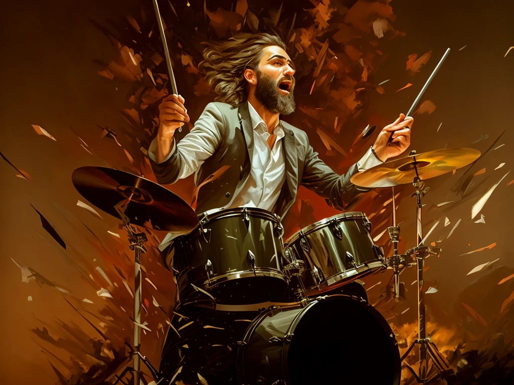 foto de um homem com barba, com ropa de coletores de lixo ,tocando bateria durante uma tempestade, álbum art, Rob Ray, por John Berkey, baterista, extremely high quality peça de arte, rob mcnaughton, James Edmiston, álbum, peça de arte, Drew Tucker, milhas johnstone, Jason Benjamim, balanço, promo art, Trevor Castanho, Dave Arredondo, Félix Englund