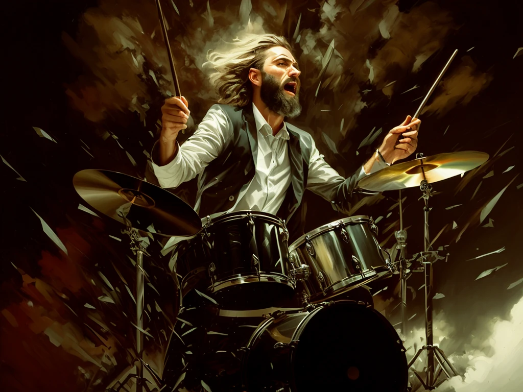 foto de um homem com barba, com ropa de coletores de lixo ,tocando bateria durante uma tempestade, álbum art, Rob Ray, por John Berkey, baterista, extremely high quality peça de arte, rob mcnaughton, James Edmiston, álbum, peça de arte, Drew Tucker, milhas johnstone, Jason Benjamim, balanço, promo art, Trevor Castanho, Dave Arredondo, Félix Englund