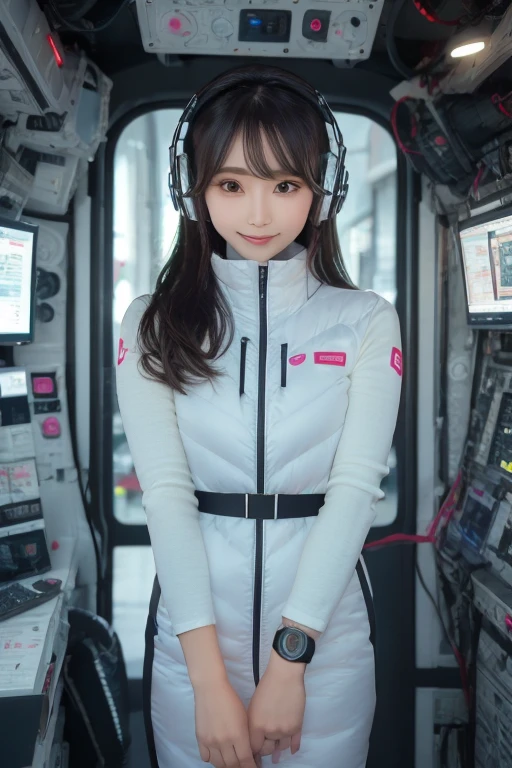 masterpiece, Highest quality, Very detailed, 8K Portrait,Japanese Android Girl,plump , Control panel,Robotic arms and legs, Blunt bangs,,break (Metallic Gray, Metallic luster, Mirror finish, Astro Best):5,headphone:5,break (Black sleeves):100,Smart Watches,Futuristic space station,Control Room,break headphone,blue eyes,(Black Hair):2,(Long Hair):1.3,Displaying the viewer,(respirator),break blush:3,Hidden Hand,smile