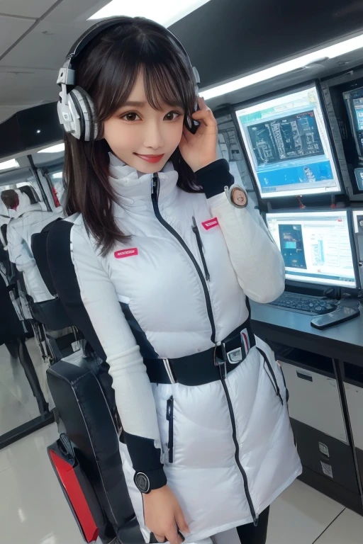 masterpiece, Highest quality, Very detailed, 8K Portrait,Japanese Android Girl,plump , Control panel,Robotic arms and legs, Blunt bangs,,break (Metallic Gray, Metallic luster, Mirror finish, Astro Best):5,headphone:5,break (Black sleeves):100,Smart Watches,Futuristic space station,Control Room,break headphone,blue eyes,(Black Hair):2,(Long Hair):1.3,Displaying the viewer,(respirator),break blush:3,Hidden Hand,smile