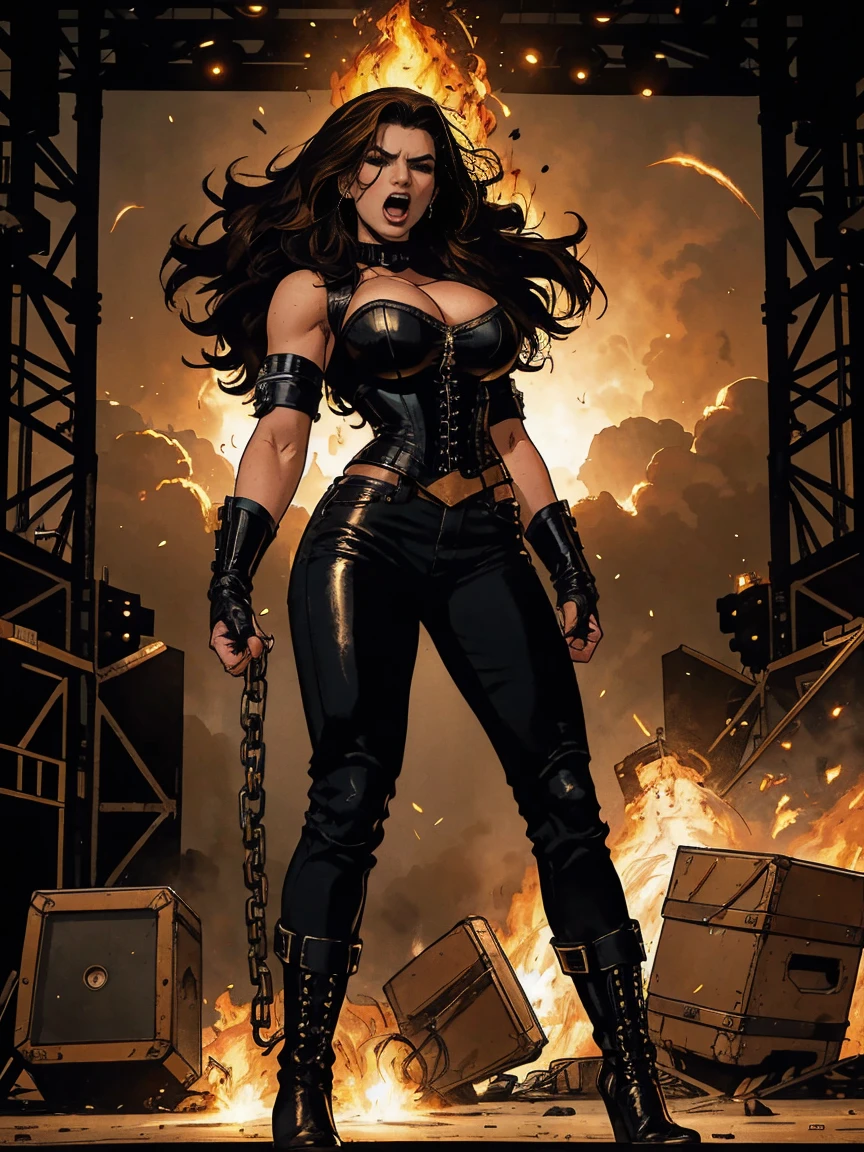 Extremely busty thin and toned brunette death metal singer, college girl, fair skin, big hair, hair pulled back, soft face, athletic, heavy makeup, piercings, black leather, studs, corset, boots, fingerless gloves, tight pants, chains. standing on a stage, pyrotechnics, holding a microphone, metal concert. (microphone, fist in the sky), angry, rage, screaming. Heavy metal. Death metal. Explosions, fire.