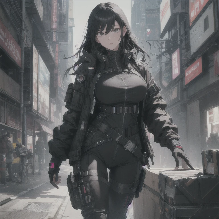 Absurd resolution, high resolution, (masterpiece: 1.4), hyper-detail, 1 woman, black hair, extremely large bust, huge breasts, fullbody covering pilot suit, techwear jacket, tactical military fitted cargo pants, tech harness, near future scifi, cyberpunk asethetic, anime aesthetic