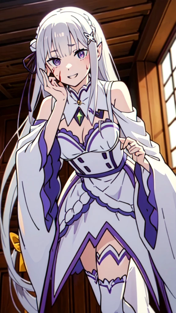 Absurd, High resolution, Super detailed, Emilia, Gray Hair, Purple eyes, Long Hair, Medium chest, Hair Flowers, X Hair Ornament, Hair Ribbon, White Dress, Detachable collar, Wide sleeves, White knee socks, Open your mouth, smile, Yandere trance, Yandere, View your viewers, Shadowed face, put your hand on your face, There was blood on my face., Put your hand on your cheek, From below, indoor, Ishigaki, 