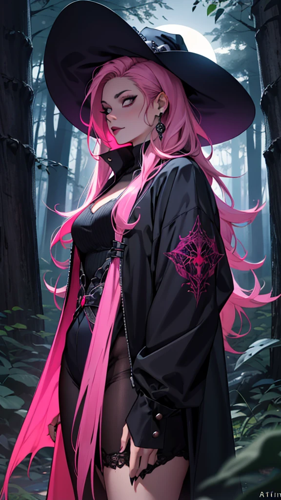 Ultra detailed, clothes details, spiders, fashion, goth, lattin drag queen, hole body, witch, long pink hair, dark clothing, forest, night