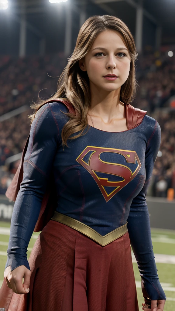 Melissa Benoist, whole body, superman suit, Football stadium, pompons, (huge breasts:1.2), (realist:1.2), (realism), (Masterpiece:1.2), (Best Quality), (ultra detailed), (8k, 4k, intricate),(85mm),light particles, Turning on, (Very detailed:1.2),(detailed face:1.2), (Gradients), showy,(detailed eyes:1.2)(detailed background),detailed landscape, (dynamic angle:1.2), (third party rule_composition:1.3), (Line of action:1.2) , looking at the viewer, (big breasts:1.4)