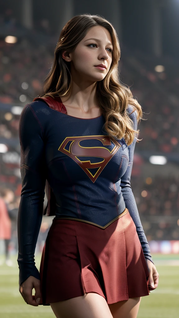 Melissa Benoist, whole body, superman suit, Football stadium, pompons, (huge breasts:1.2),  (realist:1.2), (realism), (Masterpiece:1.2), (Best Quality), (ultra detailed), (8k, 4k, intricate),(85mm),light particles, Turning on, (Very detailed:1.2),(detailed face:1.2), (Gradients), showy,(detailed eyes:1.2)(detailed background),detailed landscape, (dynamic angle:1.2), (third party rule_composition:1.3), (Line of action:1.2) , looking at the viewer,  (big breasts:1.4)