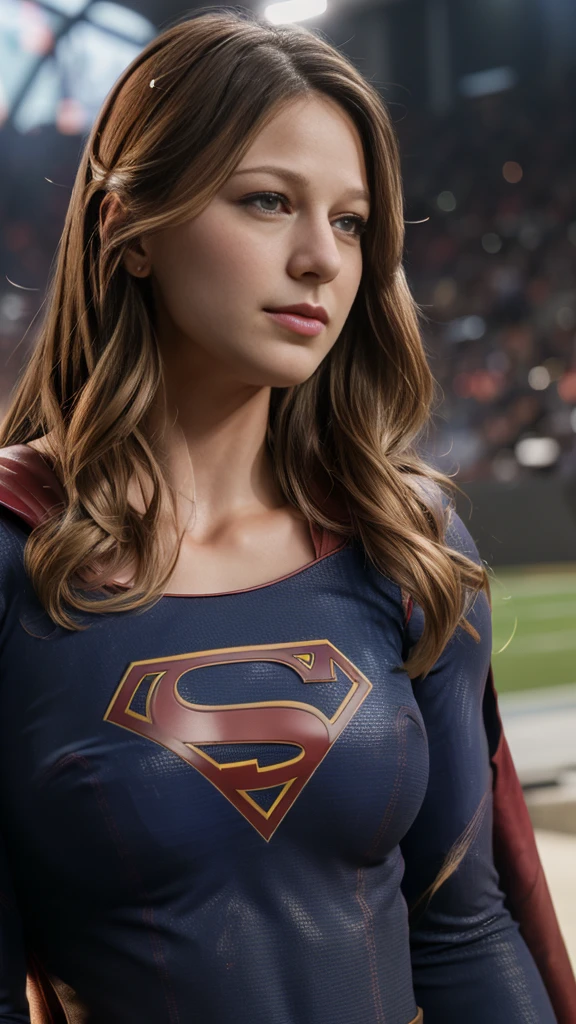 Melissa Benoist, whole body, superman suit, Football stadium, pompons, (huge breasts:1.2),  (realist:1.2), (realism), (Masterpiece:1.2), (Best Quality), (ultra detailed), (8k, 4k, intricate),(85mm),light particles, Turning on, (Very detailed:1.2),(detailed face:1.2), (Gradients), showy,(detailed eyes:1.2)(detailed background),detailed landscape, (dynamic angle:1.2), (third party rule_composition:1.3), (Line of action:1.2) , looking at the viewer,  (big breasts:1.4)