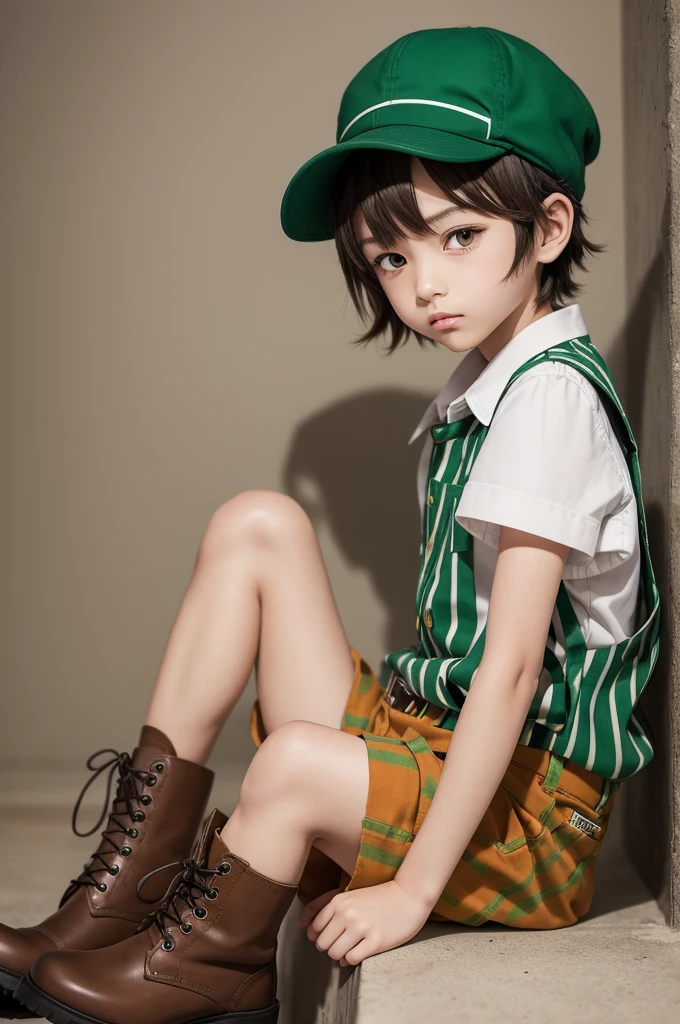 Anime style drawing, a 10 year old boy. Checkered green hat. Orange and white striped blouse. Green pants cut to the knees, brown suspender, brown combat boots
