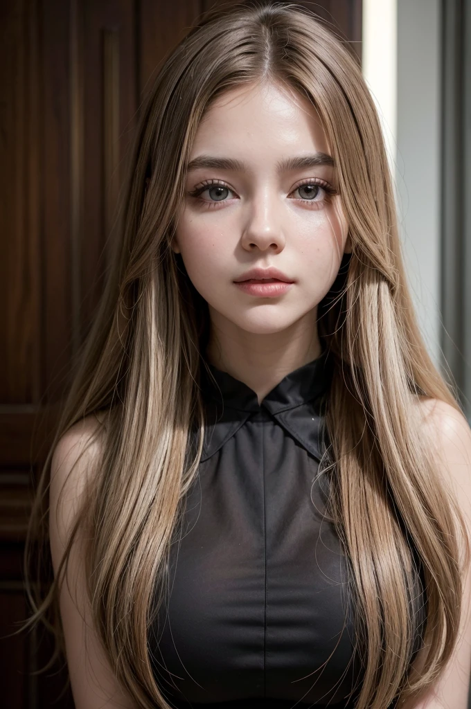 ((best qualityer)), ((work of art)), (detailded), super realistico, a beautiful young woman, latina americana, long and straight hair, Dark blonde hair, rosy cheeks, brown dark eyes, black leagwear, elegant pose, top quality picture, super realistico, 8 k quality, ultra realisitic