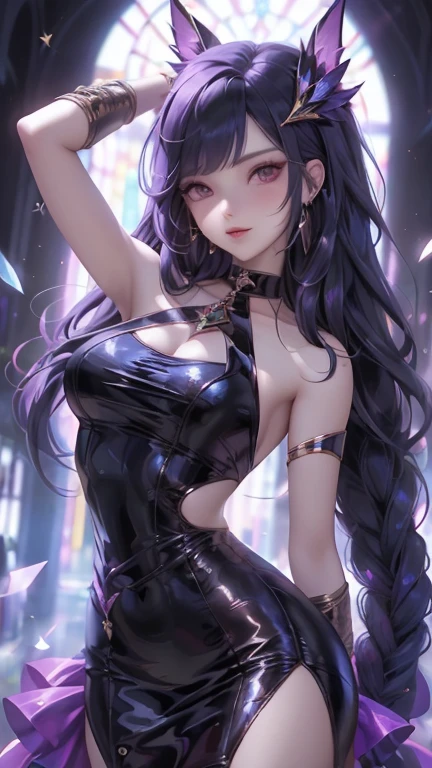 1girl, dress, long_hair, solo, high_heels, purple_hair, breasts, naked_boobes, purple_eyes, looking_at_viewer, raiden_shogun, black_dress, jewelry, holding, hair_ornament, earrings, black_footwear, sparkle, bangs, very_long_hair, smile, hand_on_own_face, glint, bare_shoulders, halterneck, halter_dress, full_body, star_(symbol), hand_on_own_cheek, large_breasts, bare_arms, closed_mouth, artist_name, blush, sleeveless