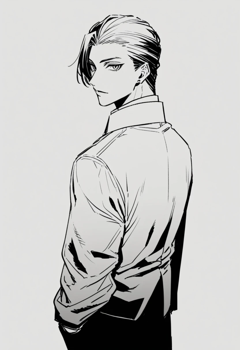 yuto-sano, 1boy, Kaneki, black hair, black suit, white uniform, elegant, monochrome, solo, greyscale, male focus, looking at viewer, ((short hair)), ((slick back)), slick back, hairstyle