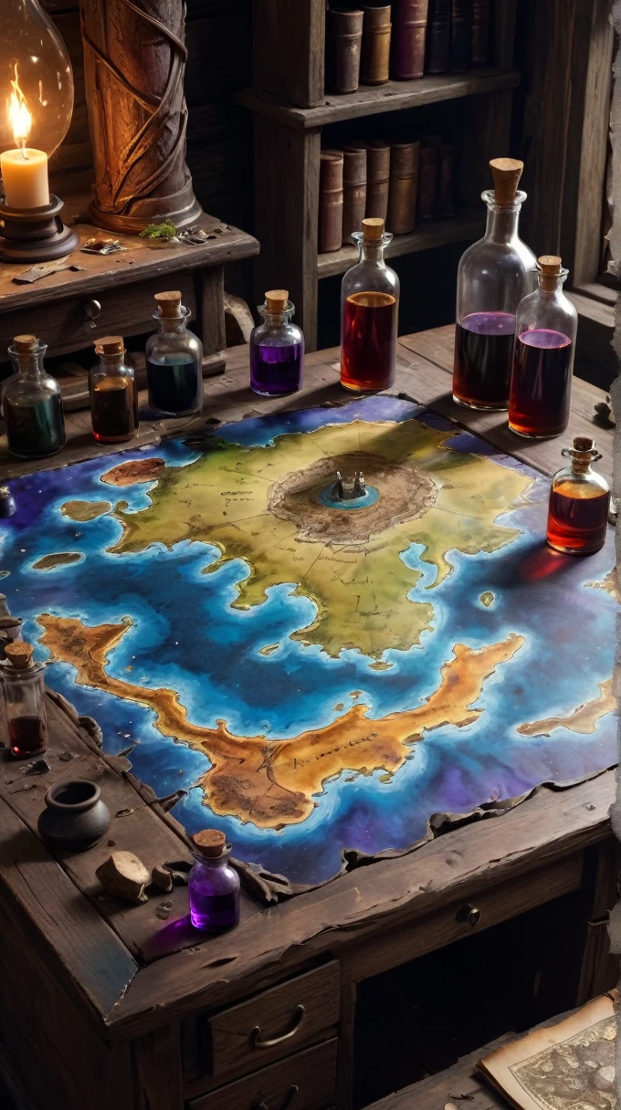 a magical map leading to a mysterious land, torn and worn, sitting on a wizard's desk, spilled multicolored ink, bottles,flasks, high quality, imagination, 8k, fantasy art