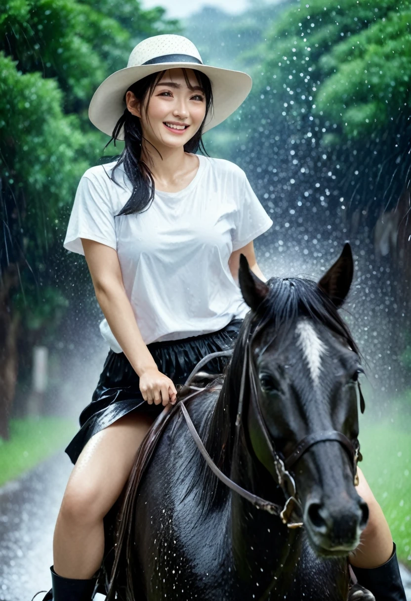 professional photography, a beautiful Japanese girl, smiling forward, wearing a white t-shirt, big breasts, and a black skirt, riding a running horse, raining, her clothes soaked in the rain, wearing a cowboy hat, 8k, ultra-realistic
