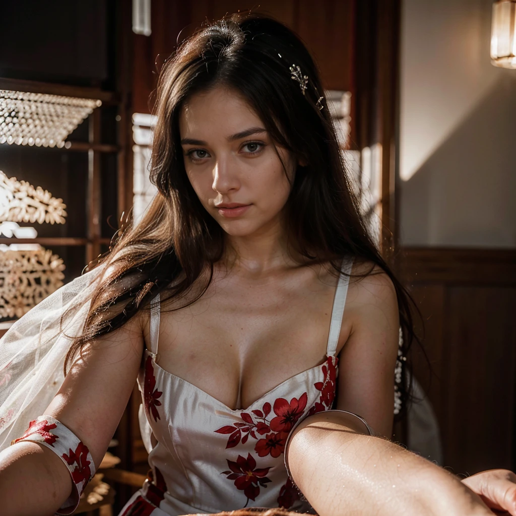 A beautiful woman, cute dark brown eyes, smooth white skin, beautiful silky black hair, beautiful colors, smooth drawing, clear picture, no blur, realistic drawing, realistic lighting, no distortion, complete realistic, realistic skin, adorable red dress, realistic red dress, detailed dress, at wedding, floral wedding, gorgeous lighting, adorable lighting, sitting down