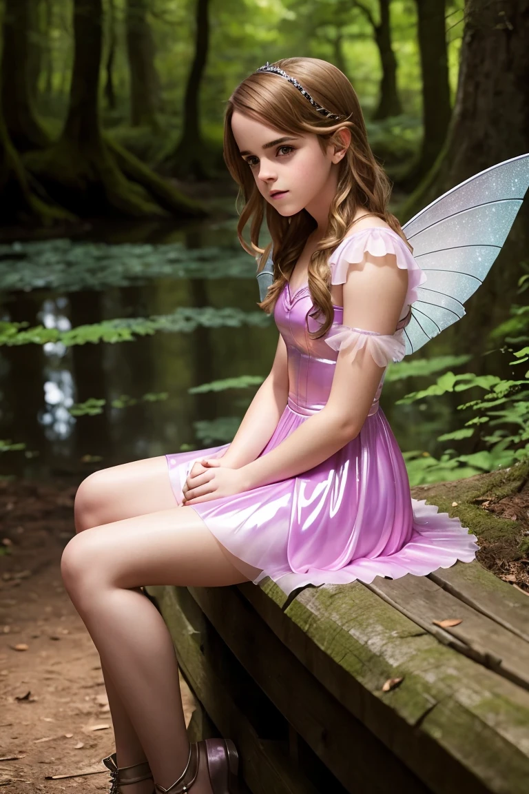 a beautiful teen emma watson as fairy sitting on a fence in the forest. her vibrant and youthful features create a striking juxtaposition of ethereal beauty. tight latex fairy dress, short dress, sparkly wings.
