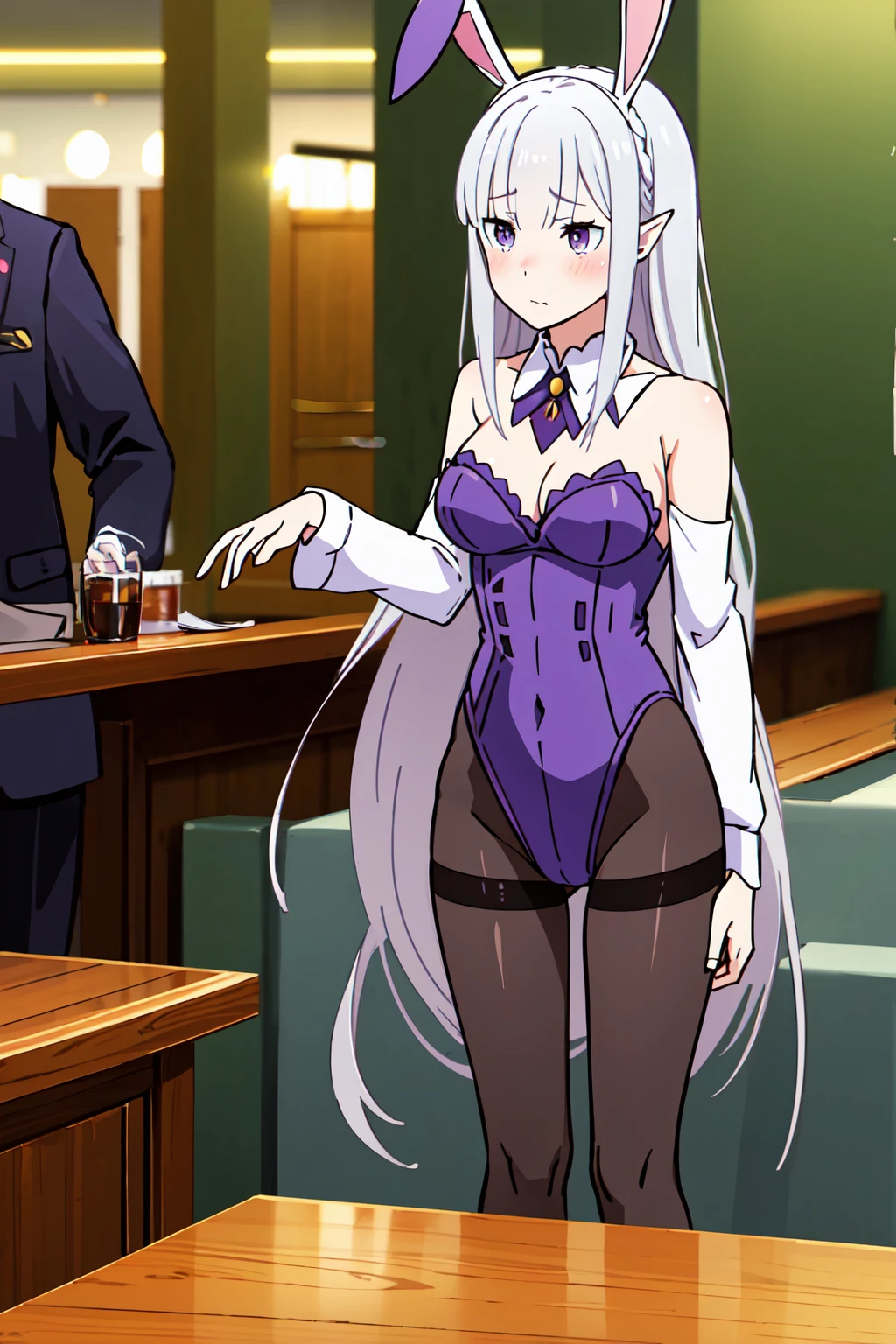 Absurd, High resolution, Super detailed, Emilia, Gray Hair, Purple eyes, Long Hair, Medium chest, Playboy Bunny, Bunny ears, Black Pantyhose, leotard, embarrassed, blush, View your viewers, Cowboy Shot, indoor, bar