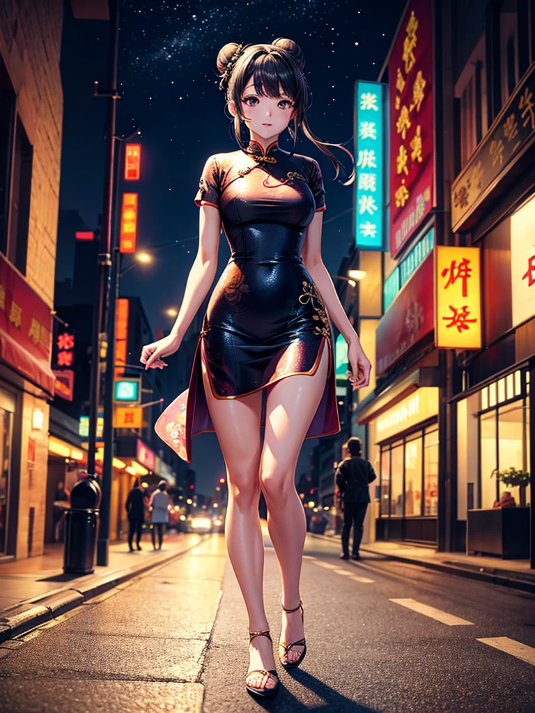 Highest quality,Highest Resolution,Beautiful girl in cheongsam,Walk through the downtown area at night,Bun Hair,