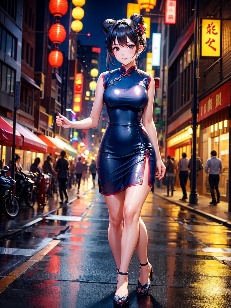 Girl, short tight dress, black thong, street background, openlegs, night, Narrow alley between houses, night, rain, slim body