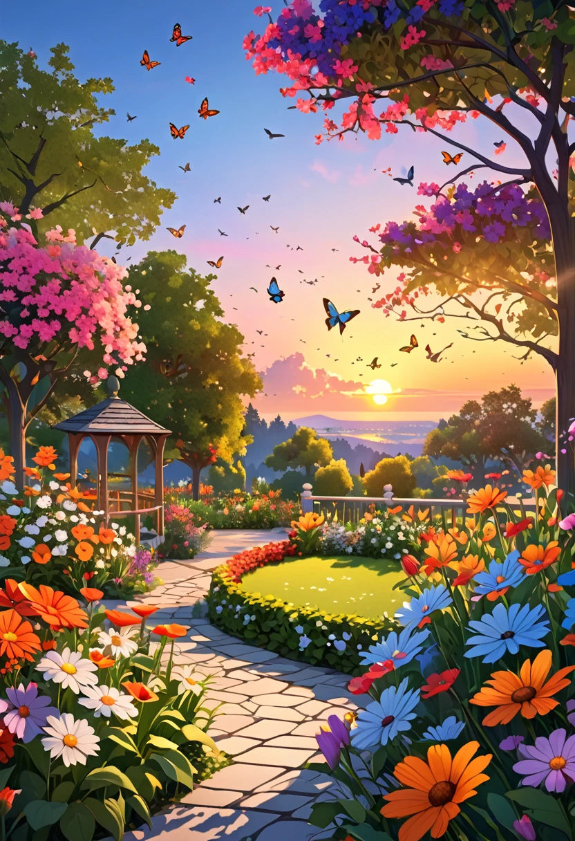 A garden with all types and colors of flowers. ,,Swiss style , quality art, 8k ,Alone, At dusk ,butterflies and birds octane , tree, sunset,detailed