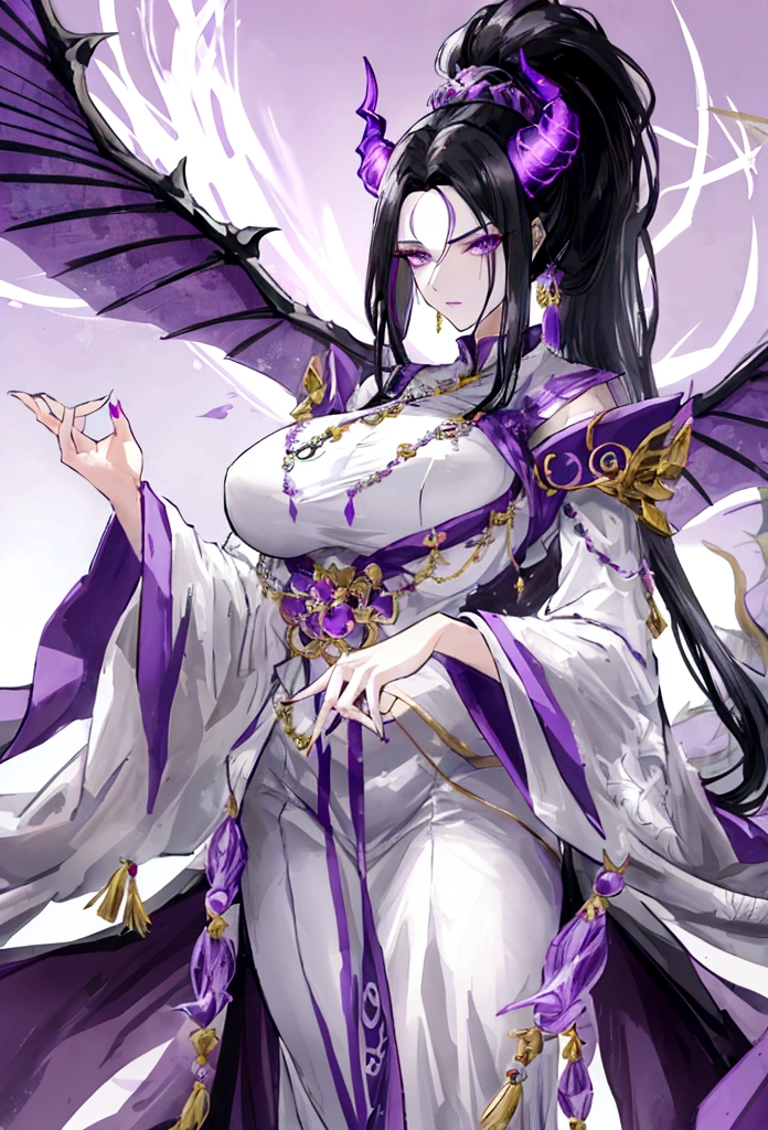 Mature tall woman, black hair with gray streaks, high ponytail, purple eyes, divine light, white goddess clothes, indifferent gaze, lipstick, dragon horns and tail, spears, reference, full height, phoenix