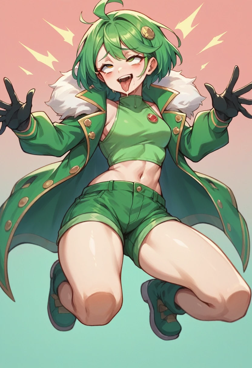 ,One girl,smile, View your viewers,  masterpiece,Highest quality,ahegao,motion_Line,Konam,green jacket, gloves, green shorts,green footwear,