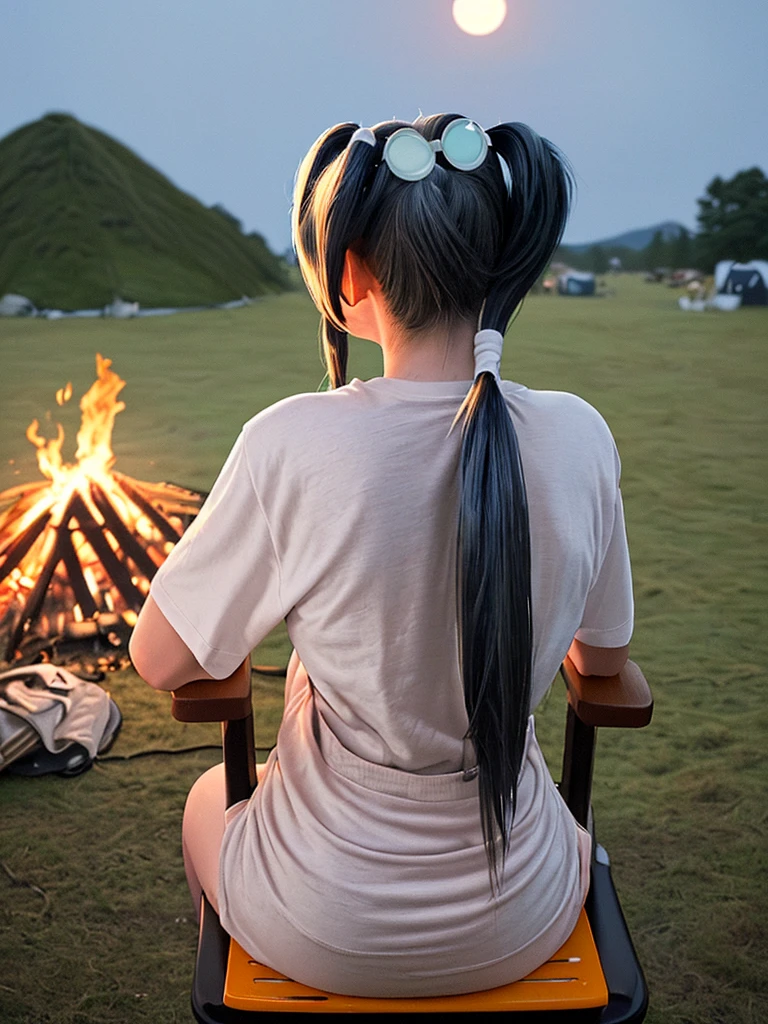 Top quality, 1 beautiful woman, ((Twintails)), wearing T-shirt, overall, glasses, sitting on chair, 50mm lens, f/1, bonfire, Moonlight, Moody Lighting, (from_behind:1.2), at camp site