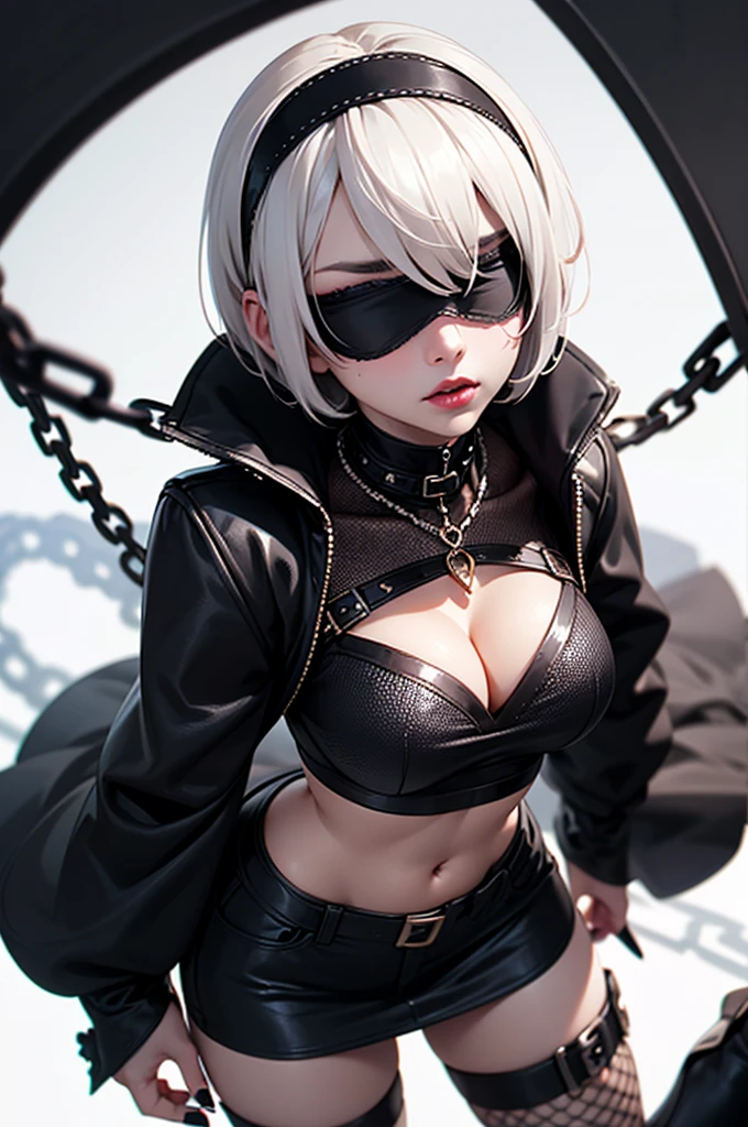 best quality, masterpiece, ultra-detailed, illustration, dynamic pose, 2B ,type2b,black_blindfold,black_hairband,cleavage_cutout,white_hair, (perfectly proportionate body), eyeliner, tired,wearing a leather jacket, adorned with studded accessories, platform boots, layered necklaces, bold patterns, (torn fishnets), dramatic makeup, black nail polish, oversized rings, chains and buckles, black lipstick, busty body, wearing a crop-top, close-up shot, glossy lips, cinematic lighting, volumetric lighting, vibrant colors, ray tracing,