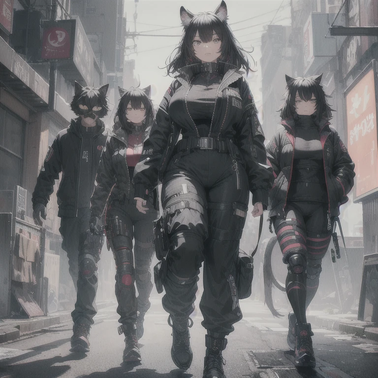 Absurd resolution, high resolution, (masterpiece: 1.4), hyper-detail, 1 kemono feline cat woman, black hair, extremely large bust, huge breasts, fullbody covering pilot utility suit, padded high collar techwear jacket, fitted utility pants, near future scifi, cyberpunk asethetic, anime aesthetic