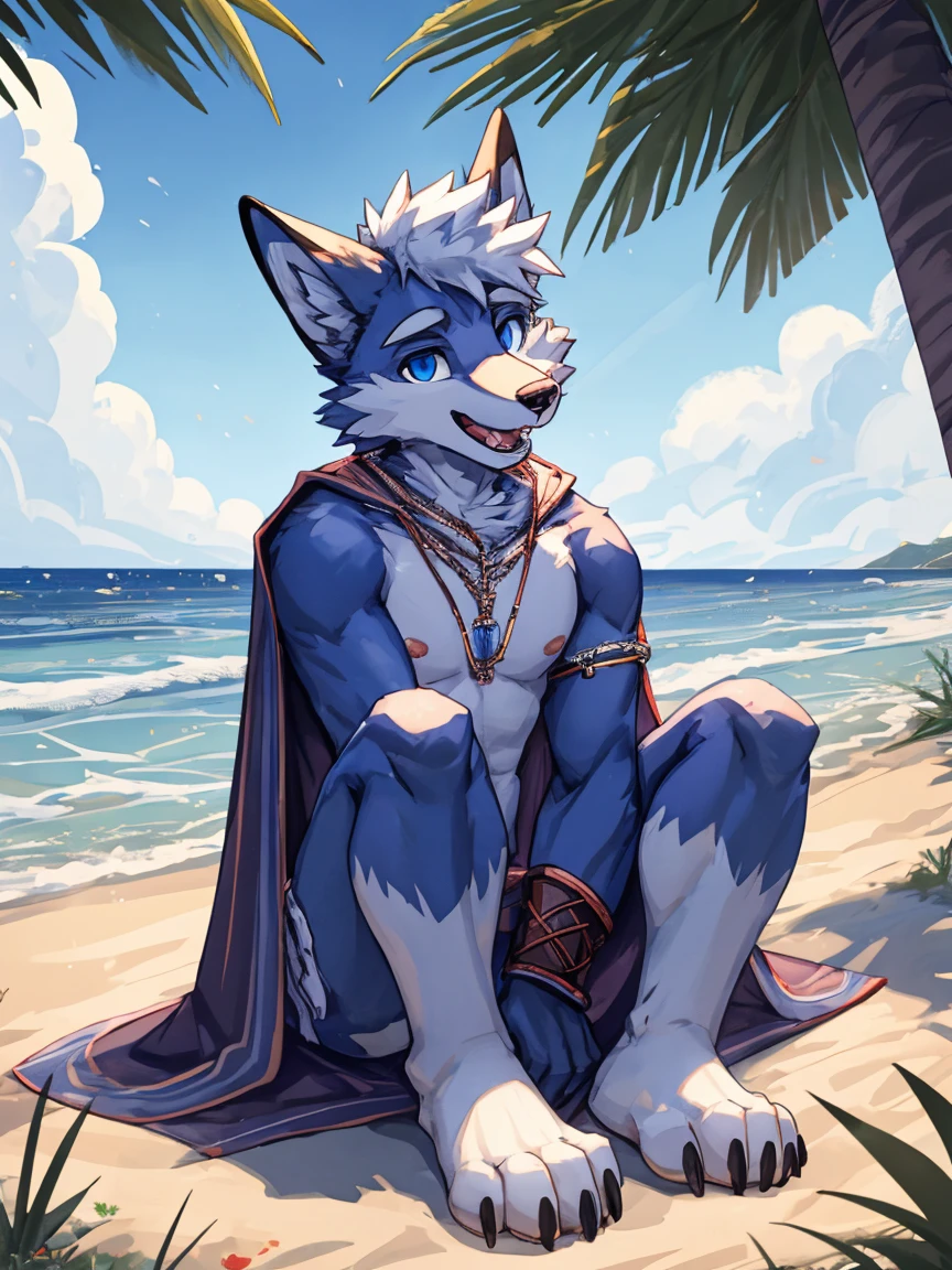 teenanger,solo,freshmen,young people,white hair, nipples，fox, blue eyes, masterpiece, blue fur, clean face, blue necklace, thick eyebrows, detailed eyes, anthro, claw, white headband,white hands,white feet,white cape，outdoor,open mouth,looking at viewer,necklace,wrist guard,seaside,white loincloth，trees,full body,sit