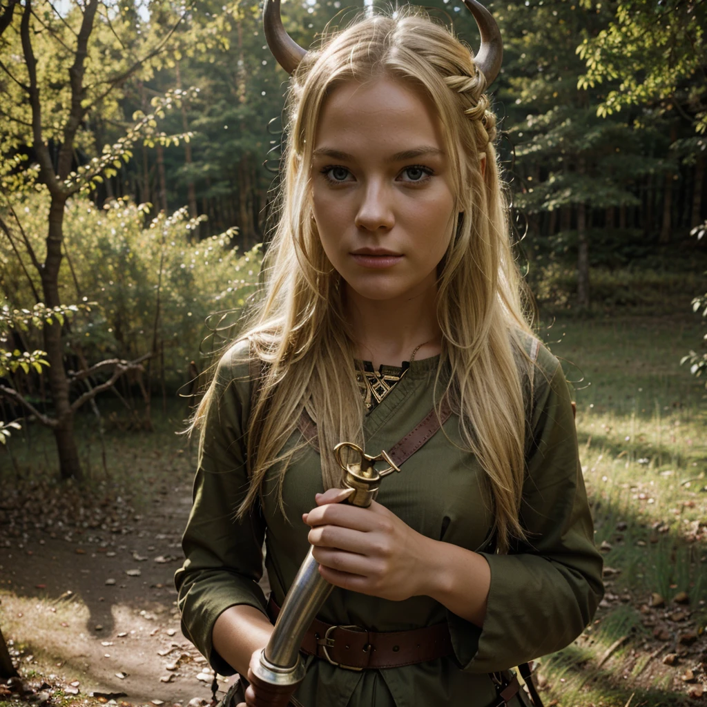 beautiful and blonde viking girl blowing a horn in the forest