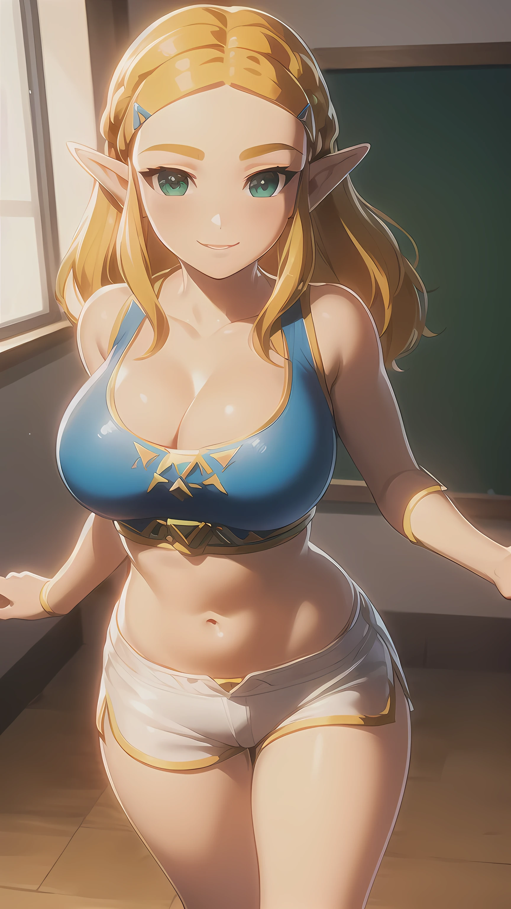 ((masterpiece)),(illustration),(((best quality)),iridescent, high resolution illustration,Amazing,highres,intricate detail, extremely detailed CG unity 8k wallpaper ((zelda)), full body, large breasts, (delicate cute face), blond long hair, lovestruck,(green eyes), smile, joyful, , narrow waist, young girl, 15 year oluctive, cleavage, big smile, happy, smiling, tight body, wavy hair, classroom, sexy pose, white crop top, white, shorts, cleavage, facing viewer, athletic, superman outfit