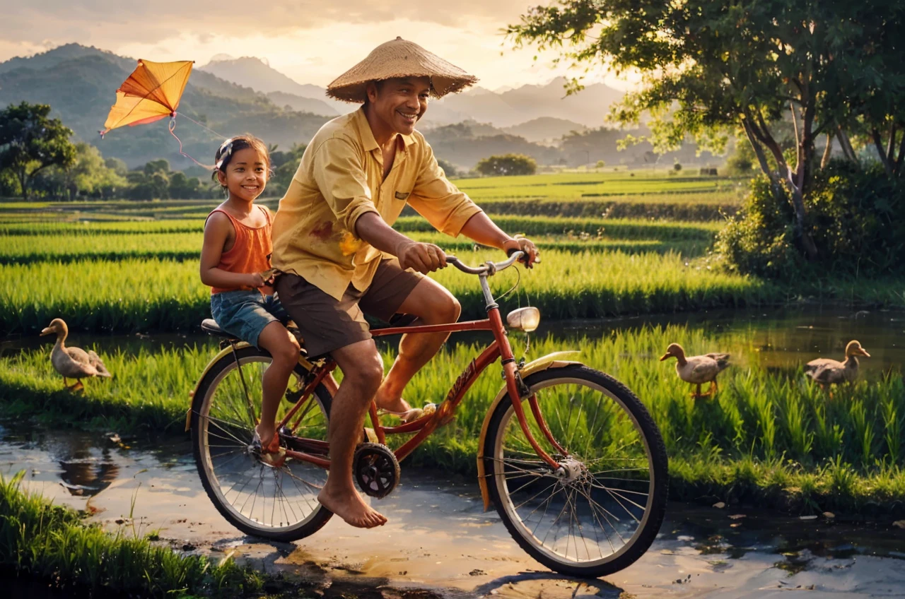 A captivating and vibrant acrylic painting that transports you to the serene Indonesian countryside. In the foreground, a father and his young son ride an old bicycle, with the father donning a yellowish shirt, brown shorts, and a conical hat, and the son sporting a red worn tank top, dirty shorts, and a radiant smile as he holds a string connected to a flying kite. The background showcases rolling mountains and trees, with golden evening sunlight bathing the scene in a warm, inviting glow. The playful brown ducks foraging in the rice fields add a touch of liveliness to the idyllic setting. The visible brushstrokes lend an authentic charm to the painting, encapsulating the essence of family bonding and a peaceful rural atmosphere., painting