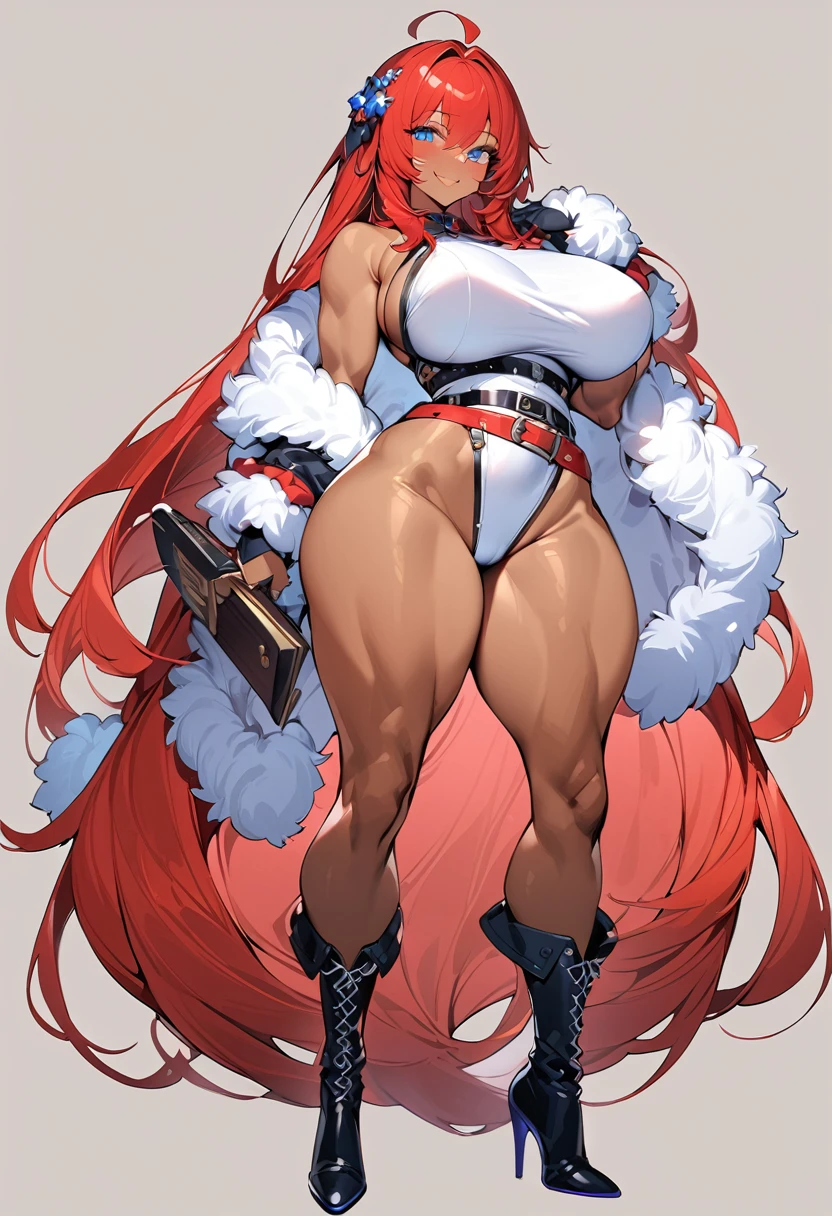 (masterpiece:1.2), (highest quality:1.2), 1gir, solo, breasts, red-hair, blue-eyes, dark-skinned-female, ((dark-skin)), huge-breasts, muscular-femal, smile, ((simple-background)), thighs, very-long-hair, full-body, looking-at-viewer, fur-trim, high-heels, boots, over-shoulder, standing, belt, weapon-over-shoulder, hair-ornament, ahoge
