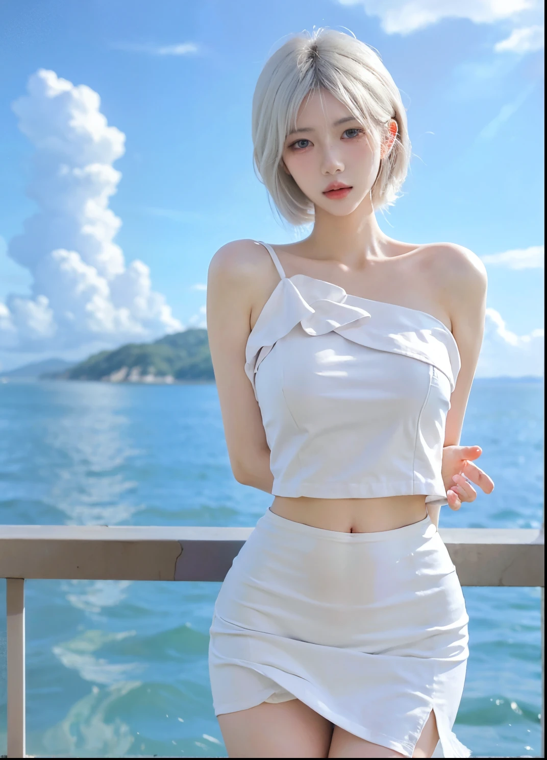 Beautiful woman with perfect figure:1.4，Ultra-high resolution，Put your hands behind your back，Ocean background，（Realism:1.4)，Layered hairstyle，White skin，JK:1.5，Super short pleated skirt，whole body：1.4，Very delicate and skin texture，Double eyelids，Skin Whitening，Long hair，White hair
