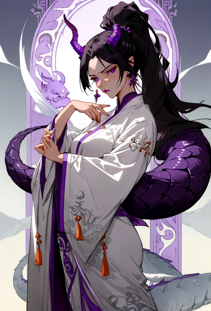 Mature tall woman, black hair with gray streaks, high ponytail, purple eyes, divine light, white goddess clothes, indifferent gaze, lipstick, dragon horns and tail, spears, reference, full height, phoenix
