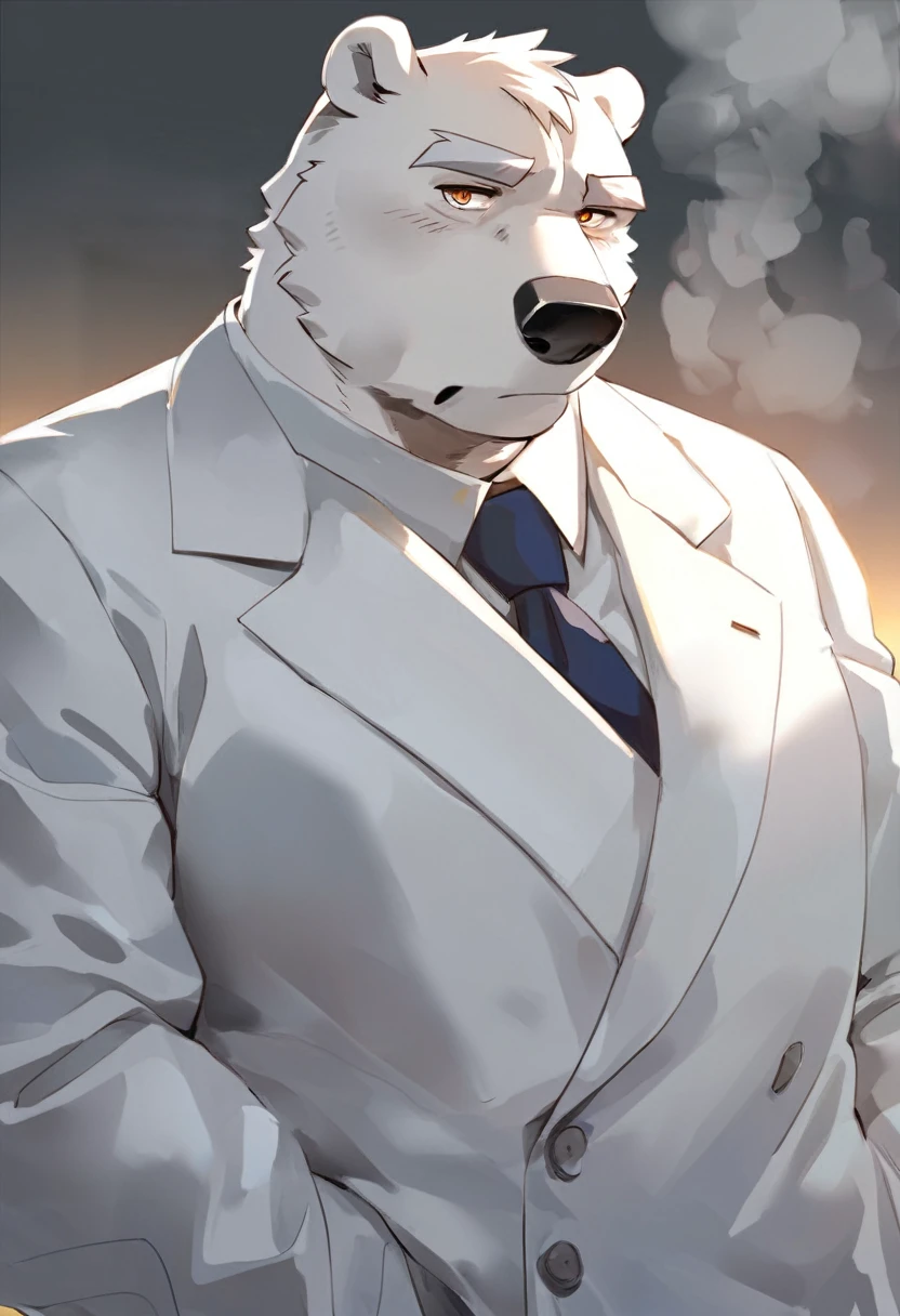 polar bear,personification,Mature male,Strong Man,White hair,naked,Cold expression,Golden pupils,Gray eyebrows,White suit suit,Hands in pockets,The Age of Steam,office。