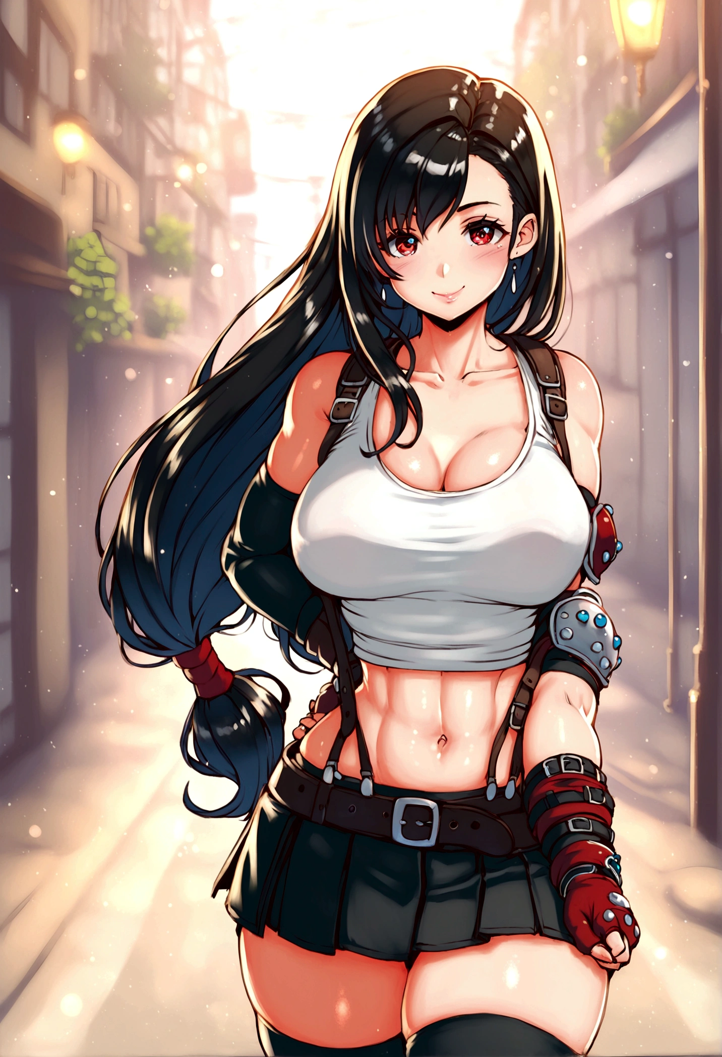 score_9, score_8_up, score_7_up,score_6, score_5,4k,rating_safe BREAK , (from front.from front,breast focus,standing,straight-on,(showoff,),,(upperbody),looking_at_viewer ,1girl, tifa lockhart, final fantasy, tareme,black hair, low-tied long hair, red eyes, bangs, (white tank top, belt, pleated skirt, thighhighs, elbow fingerless gloves, elbow pads, midriff, navel,suspender skirt) ,large_breasts,(light smile),Curvy waist,,Solo,,(daytime and beachside and city),detailed skin,(best quality),(aesthetic,very aesthetic),UHD,HDR,intricate detailed,anime,highly detailed,sharp focus,depth of field,,professional lighting,cinematic lighting, , 　　