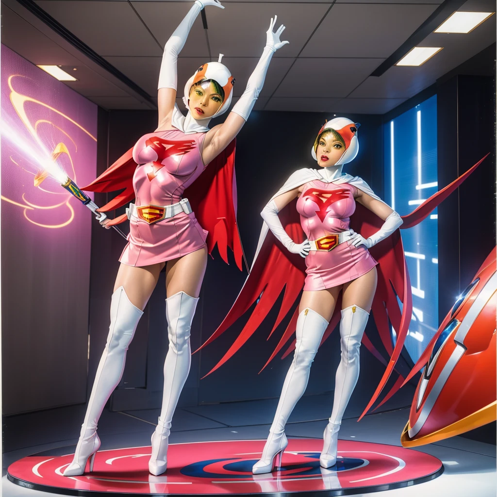 ANI_CLASSIC_jun_gatchaman_ownwaifu,1girl, 15 years old,good anatomy, masterpiece, best quality,realistic, hyperrealistic, 16k hdr,breasts,green eyes,lips,large breasts,lipstick,makeup,gloves,cape,helmet,belt,elbow gloves,white gloves,mask,ultra miniskirt,leotard,spacesuit,white tight overknee highheels boots,pink dress,superhero,bodysuit,cleavage,erected nipples,((standing pose,spread legs, arms up straight)),cameltoe