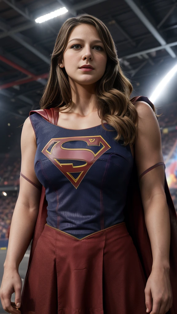 Melissa Benoist, whole body, sexy superman costume, Football stadium, pompons, (huge breasts:1.2),  (realist:1.2), (realism), (Masterpiece:1.2), (Best Quality), (ultra detailed), (8k, 4k, intricate),(85mm),light particles, Turning on, (Very detailed:1.2),(detailed face:1.2), (Gradients), showy,(detailed eyes:1.2)(detailed background),detailed landscape, (dynamic angle:1.2), (third party rule_composition:1.3), (Line of action:1.2) , looking at the viewer,  (big breasts:1.4)