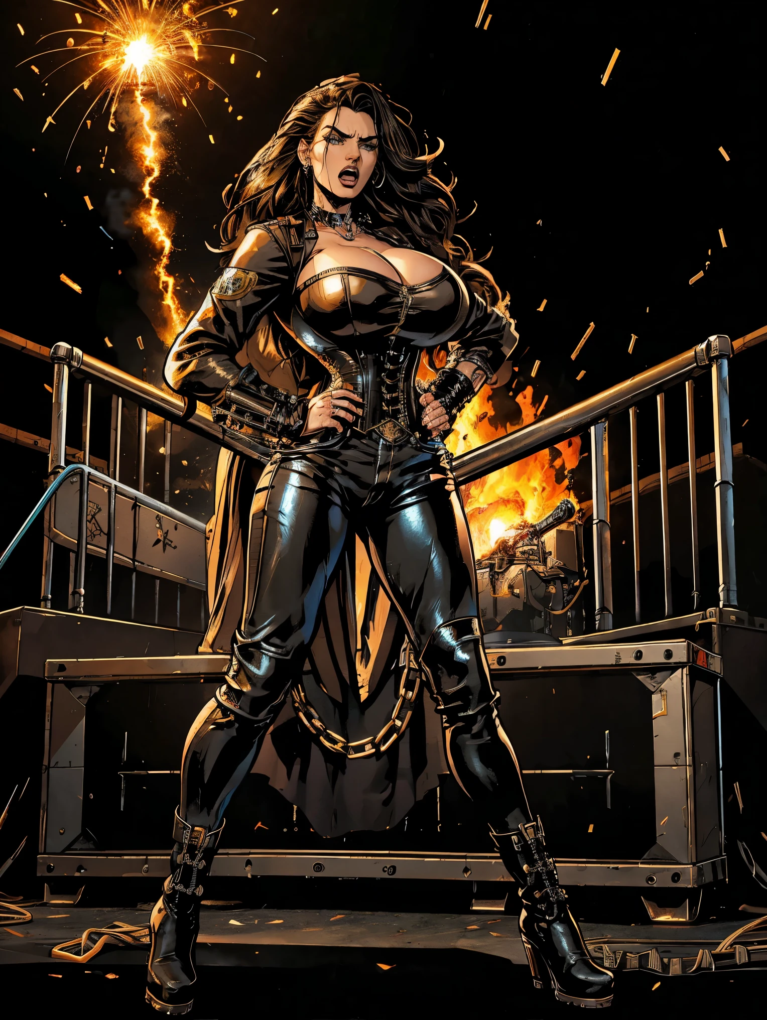 Extremely busty thin and toned brunette death metal singer, college girl, fair skin, big hair, hair pulled back, soft face, athletic, heavy makeup, piercings, black leather, studs, corset, boots, fingerless gloves, tight pants, chains. standing on a stage, pyrotechnics, holding a microphone, metal concert. (microphone, fist in the sky), angry, rage, screaming. Heavy metal. Death metal. Explosions, fire.