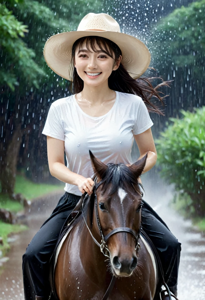 professional photography, a beautiful Japanese girl, smiling forward, wearing a transparent white t-shirt, big breasts, transparent panties , riding a running horse, raining, her clothes soaked in the rain, wearing a cowboy hat, 8k, ultra-realistic