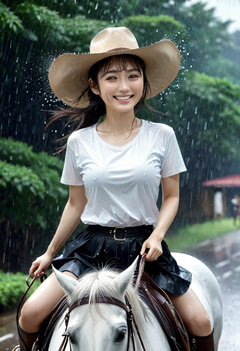 professional photography, a beautiful Japanese girl, smiling forward, wearing a transparent white t-shirt, big breasts, and a black skirt, riding a running horse, raining, her clothes soaked in the rain, wearing a cowboy hat, 8k, ultra-realistic