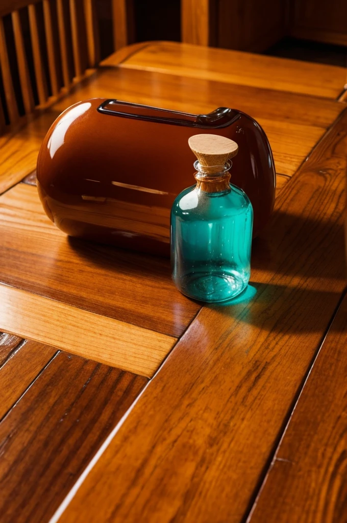 There is a bottle of caramel colored potion on a wooden table,close up