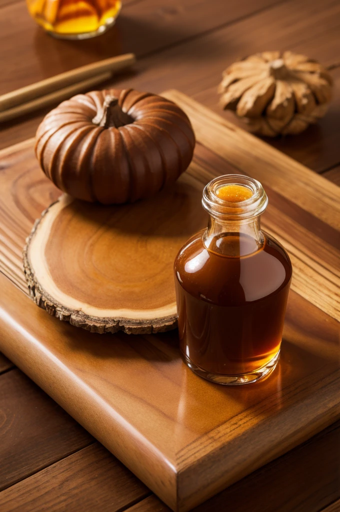 There is a bottle of caramel colored potion on a wooden table,close up