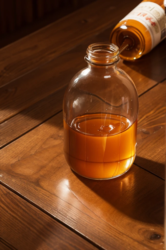 There is a bottle of caramel colored potion on a wooden table,close up