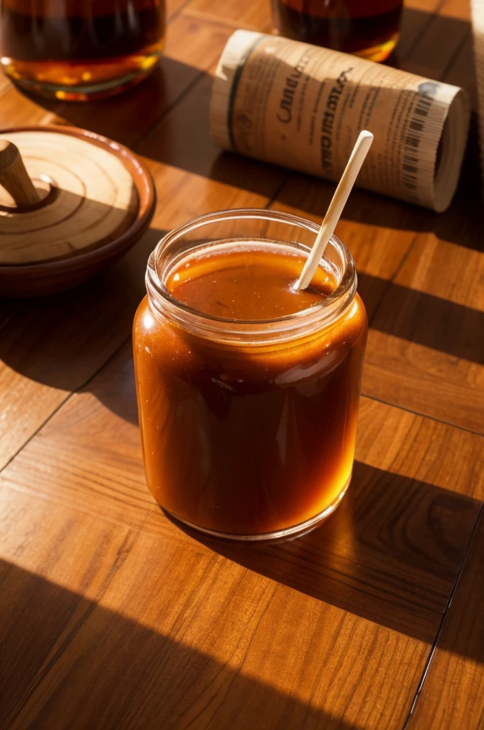 There is a bottle of caramel colored potion on a wooden table，close up